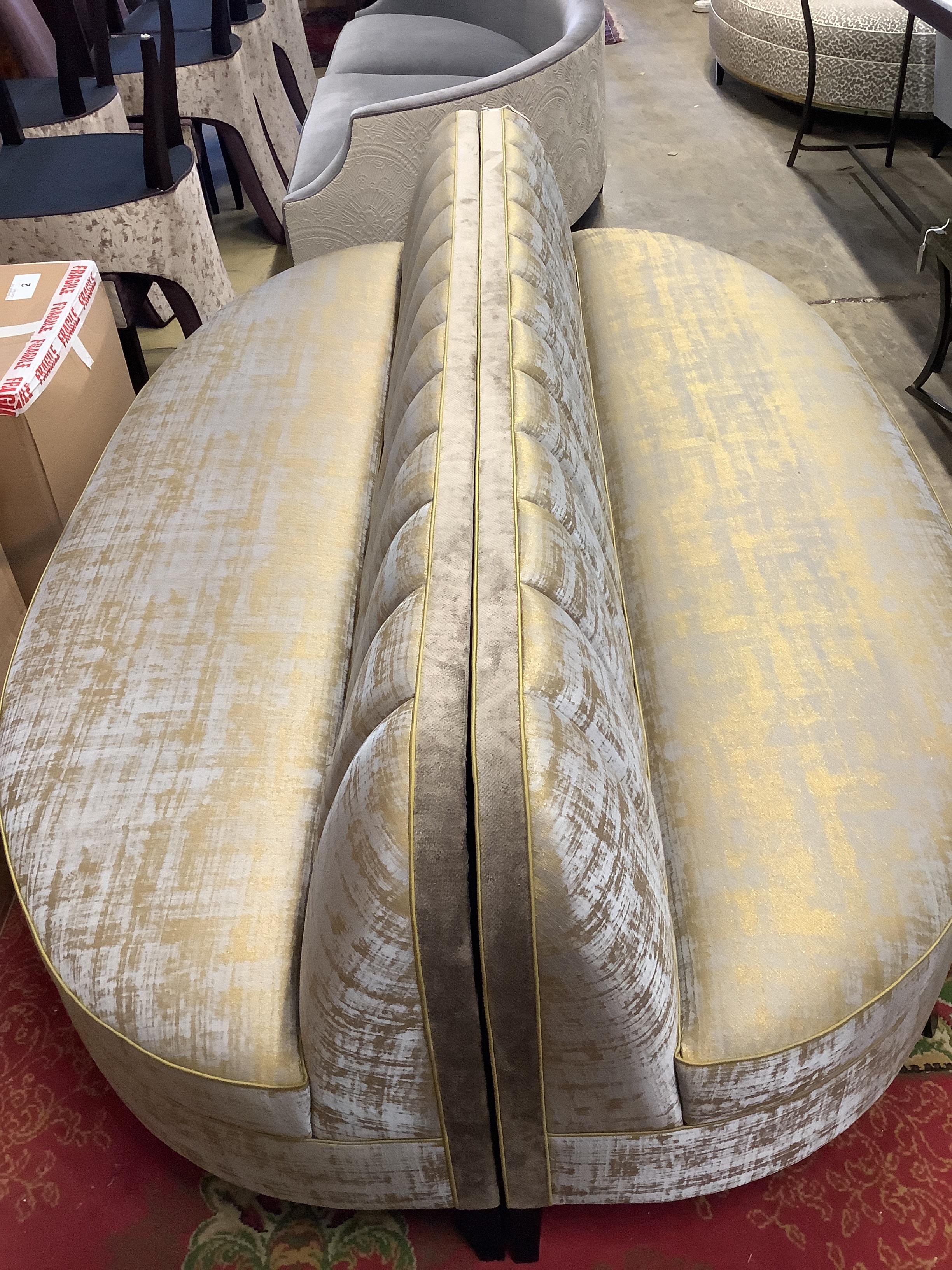 A bespoke Bray Design oval shape conversation sofa, upholstered in Rubelli Venezia Venier Piombo fabric, width 240cm, depth 120cm, height 76cm